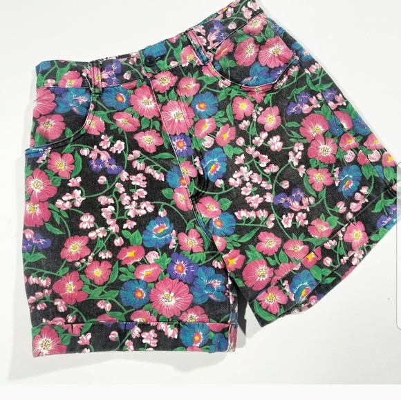 Vintage Pants - VTG 80s 90s Super High Waisted Floral Denim Shorts